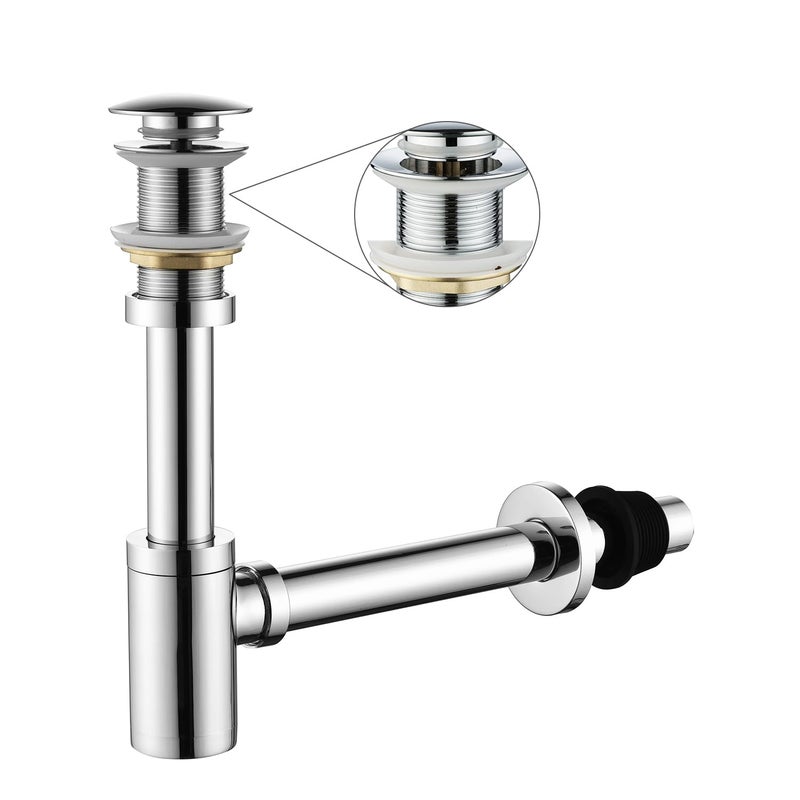 GORDEE Bathroom Sink Stopper P-Trap Complete Set Adjustable 1-1/4 Bottle Trap Solid Brass Sink Drain Kit Tube and Pop Up Drain Stopper Set Without Overflow, Polished Chrome - Image 1